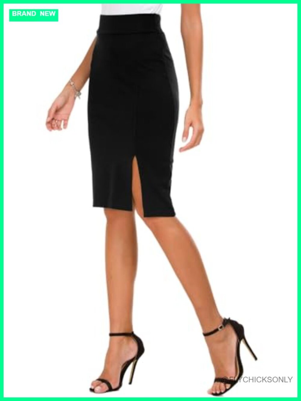 High Waisted Stretch Pencil Skirt Knee Length Bodycon Midi Side Slit